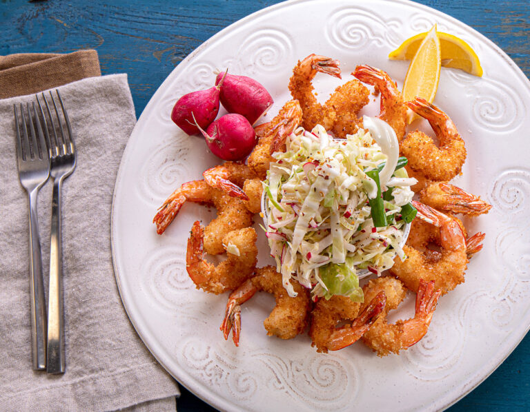 Florida Radish Slaw with Crispy Fried Shrimp