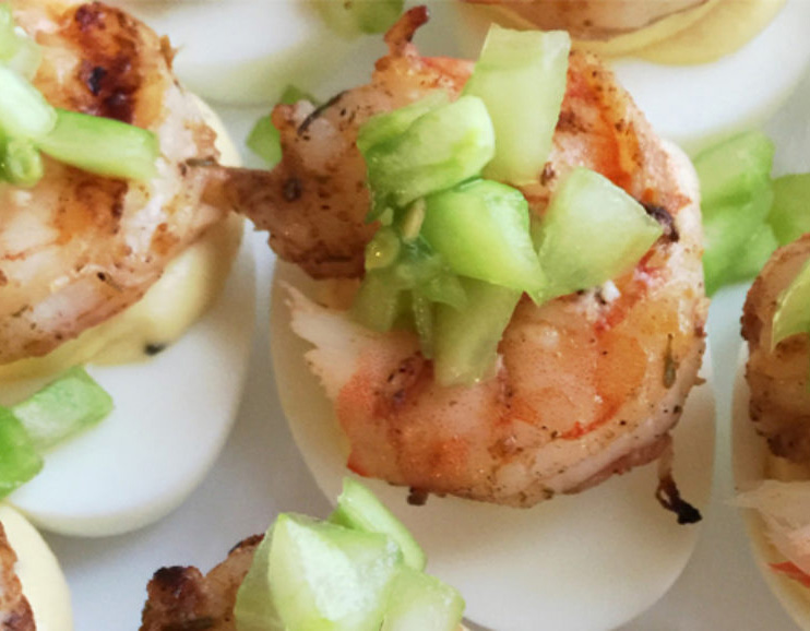 Jerk Shrimp Sweet Green Tomato Deviled Eggs