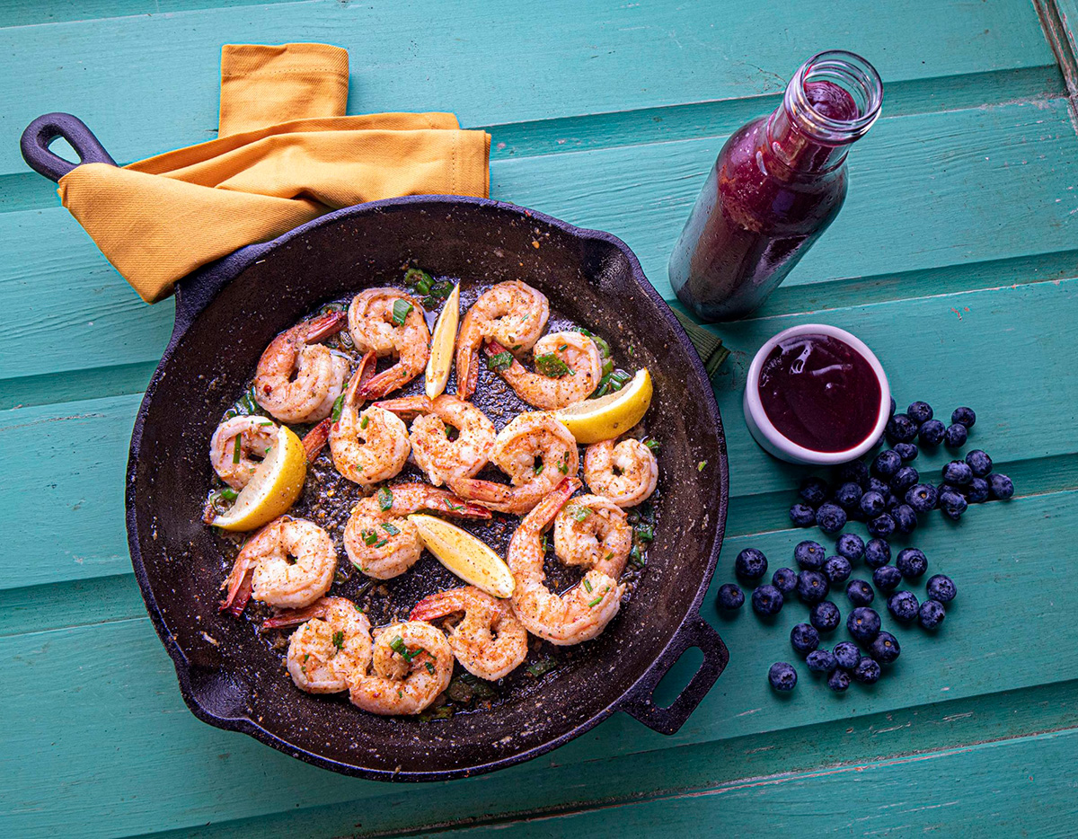 Featured image of Garlic Roasted Florida Shrimp and Blueberry BBQ Sauce